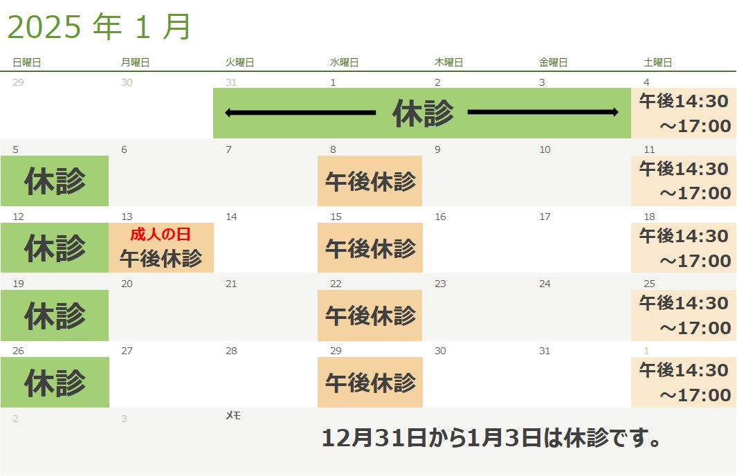 1月の診療スケジュール